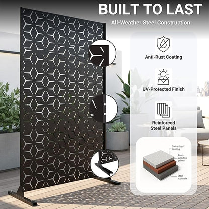 6FT Metal Privacy Screen Outdoor – Decorative Laser Cut Privacy Fence Panel for Patio, Deck & Garden, Rustproof Steel Privacy Divider, Modern Geometric Design, Freestanding Outdoor Privacy Screen