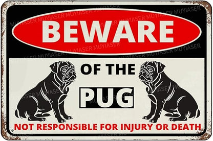 Beware Of The Dog Pug Sign Aluminum Metal Tin Signs Outdoor Yard Sign Warning Sign For Fence Yard Home Kitchen Farm Garden Wall Decor 8x12 Inch
