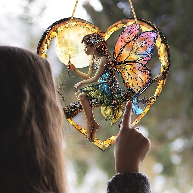 1PC Flower Fairy Acrylic Stained Glass Suncatcher Nature Heart-Shaped Magic and Butterfly Girls Suncatcher Hanging Decoration with Cord SunCatchers for Window Decor Outdoor Garden Decor Gift (Yellow)