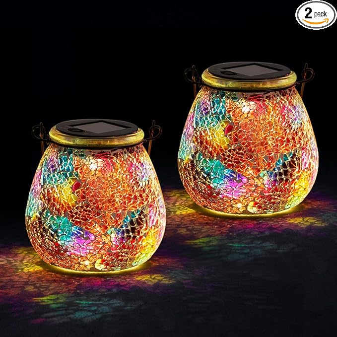 Stargarden 2 Pack Mosaic Solar Lantern ,Outdoor Hanging Waterproof Mosaic Light Solar Table Lamp for Garden ,Patio,Yard Decor (Red)