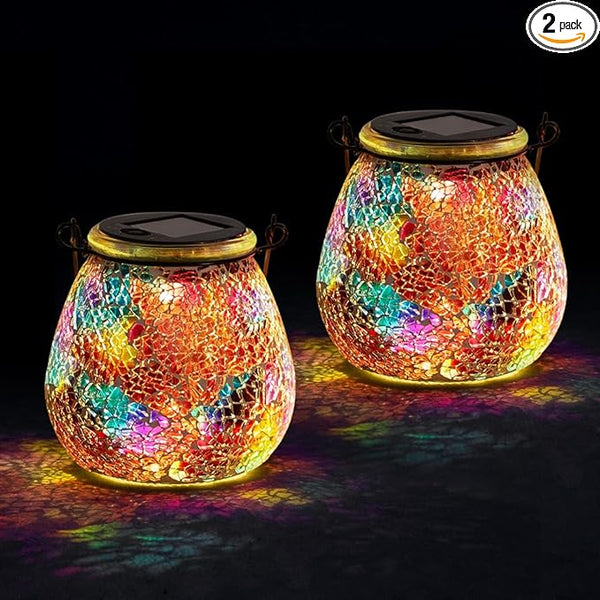 Stargarden 2 Pack Mosaic Solar Lantern ,Outdoor Hanging Waterproof Mosaic Light Solar Table Lamp for Garden ,Patio,Yard Decor (Red)