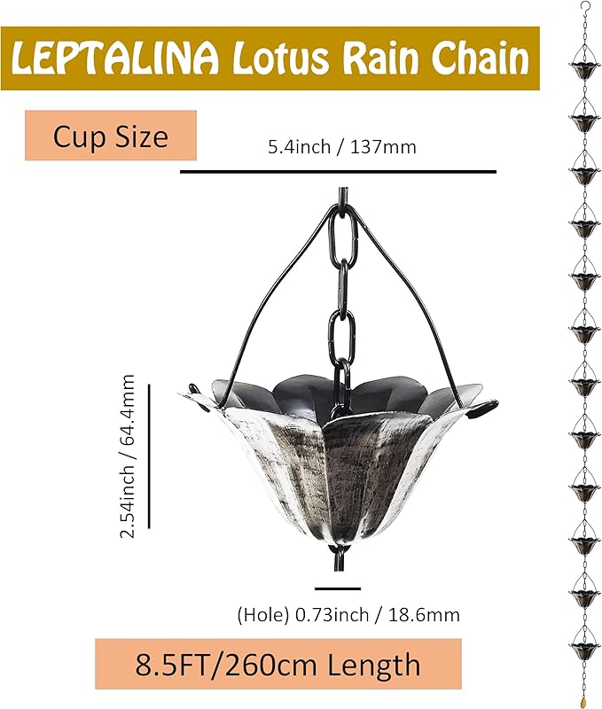 8.5FT Lotus Antique Silver Color Iron Rain Chains for Gutter and Rain Barrel, Rust-Resistant Plated Garden Décor Rain Chain for Downspout, Bonus Rain Chain Gutter Adapter