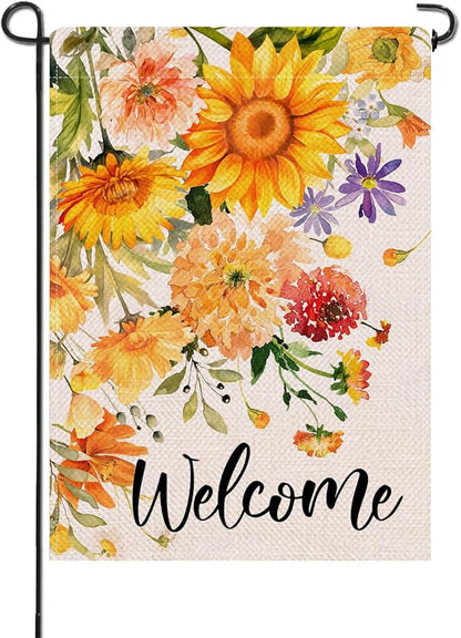 Artofy Welcome Spring Summer Flower Small Decorative Garden Flag, Watercolor Sunflower Daisy Floral Yard Lawn Outside Decor, Seasonal Burlap Outdoor Home Decoration Double Sided 12 x 18