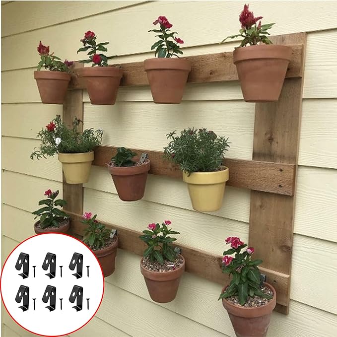 CHENJIN 6PCS Terracotta Flower Pot Wall Hooks with Screws Heavy Duty Metal Plant Hanger Secures Standard 5-8 Inch Pots for Balcony Outdoor Garden Patio Decor Display
