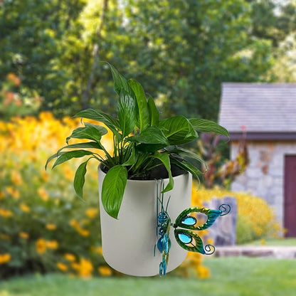 Metal Butterfly Flower Pot Huggers Gorgeous Butterfly Dragonfly Planter Hanging Figurines with Artificial Gemstones in the Wings 6 Inch Iron Insect Garden Art Sculptures Hanger Ornaments (2PCS)