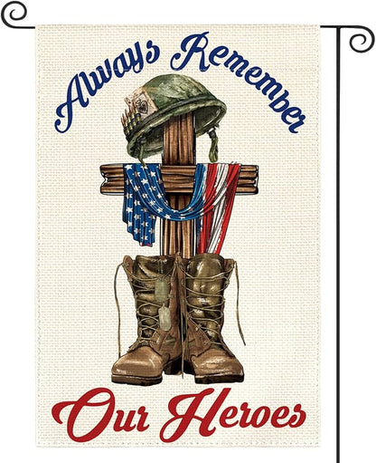 AVOIN colorlife Memorial Day Always Remember Our Heroes Garden Flag 12x18 Inch Double Sided, Military Soldiers Boots Patriotic Veteran Yard Outdoor Decoration