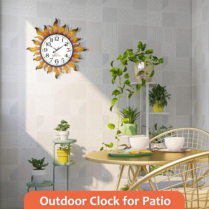 Outdoor Clock Silent Non-Ticking, 13" Sun Outdoor Wall Clock for Patio, Living Room, Home Decor（Gold）