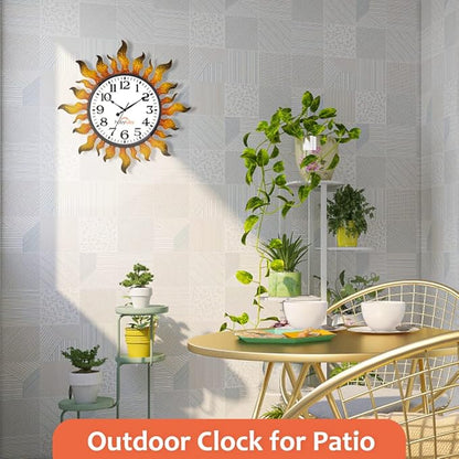 Outdoor Clock Silent Non-Ticking, 13" Sun Outdoor Wall Clock for Patio, Living Room, Home Decor（Gold）
