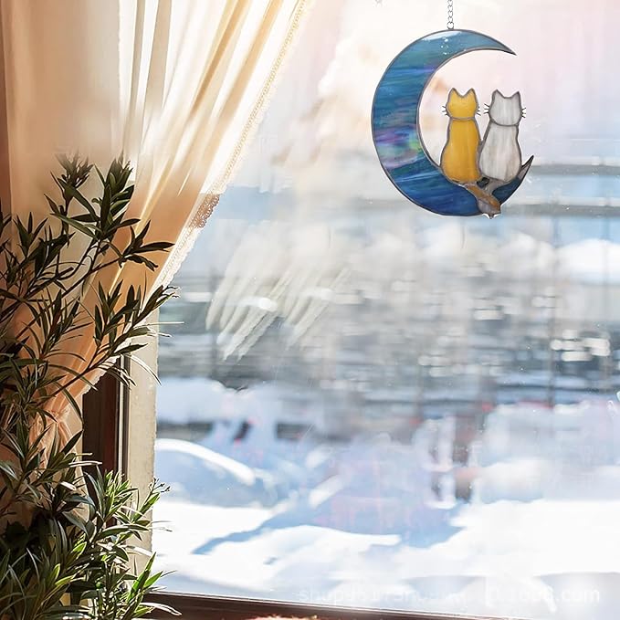 Blue Moon Cat Window Decoration Hanging, Alloy Stained Painting, Acrylic Moon Wall Decor for Courtyard, Gift for Pet Animal Enthusiasts