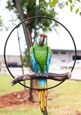 Ebros Patio Home Garden Hanging Scarlet Macaw Parrot Perching on Branch in Metal Round Ring Figurine Sculpture Nature Lovers Tropical Bird Collectors Decor 13.5" H (Green)
