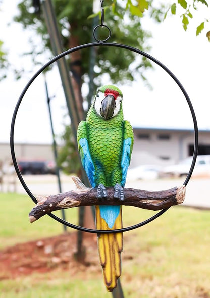 Ebros Patio Home Garden Hanging Scarlet Macaw Parrot Perching on Branch in Metal Round Ring Figurine Sculpture Nature Lovers Tropical Bird Collectors Decor 13.5" H (Green)