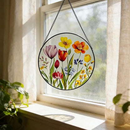 Tulip & Blossom Stained Glass Suncatcher, 9.8 Inch Stained Glass Window Hanging Watercolor Spring Flower Suncatcher for Indoor Outdoor Gifts for Mom, Women, Grandma, Wife