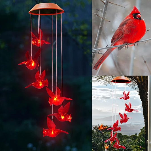 Cardinal Solar Wind Chimes for Outside, Solar Powered Red Bird Chime Light, Cardinal Gifts for Mother Mom Grandma Women Birthday, Hummingbird Decor for Patio, Deck, Yard, Garden, Home