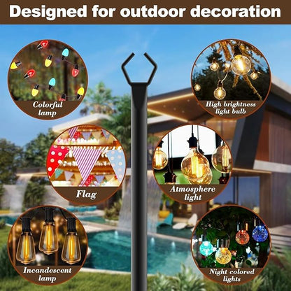 10Ft String Light Poles 8 Pack,Light Poles for Outside Lights,Outdoor with Fence Brackets Hanging Lights,Metal Stand Deck Patio Backyard
