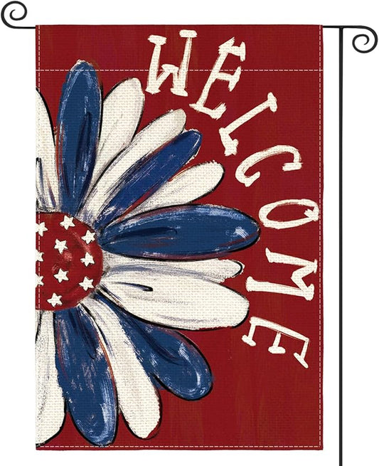AVOIN colorlife Patriotic 4th of July Garden Flag 12x18 Inch Double Sided Outside, Memorial Day Red Floral Welcome Daisy Yard Outdoor Decoration
