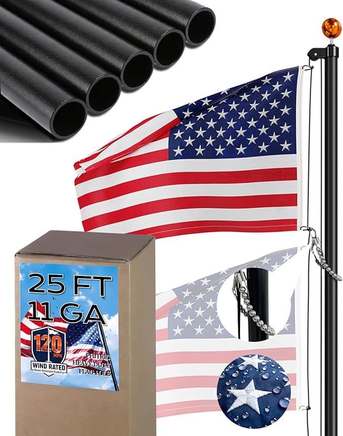 PHITRIC 11 Gauge Heavy Duty Flag Pole Kit, 25FT Extra Thick Aluminum Flagpole for Outside in Ground, with 3x5 American Flag, Residential or Commercial Use, 120 MPH Wind Resistant
