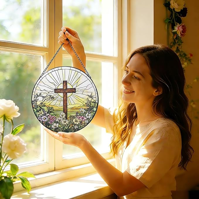 Stained Glass Window Hanging, 8 Inch Cross Wildflowers Suncatcher, Christian Sun Catchers Indoor Window, Floral Cross Religious Home Garden Decor Glass Panel, Easter Faith Christian Gifts for Women