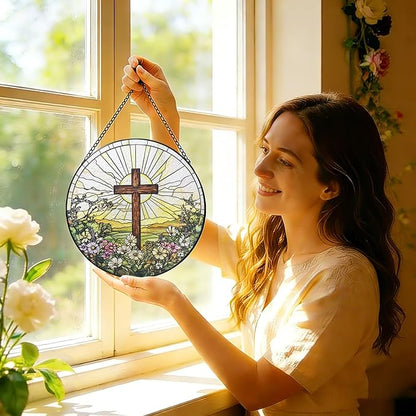 Stained Glass Window Hanging, 8 Inch Cross Wildflowers Suncatcher, Christian Sun Catchers Indoor Window, Floral Cross Religious Home Garden Decor Glass Panel, Easter Faith Christian Gifts for Women