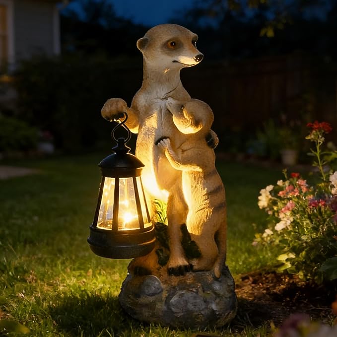 Meerkat Mother & Baby Solar Garden Statue Outdoor Decor Resin Figurine with Lantern Lights Waterproof Lawn Ornament Animal Sculpture for Patio Yard Porch Christmas