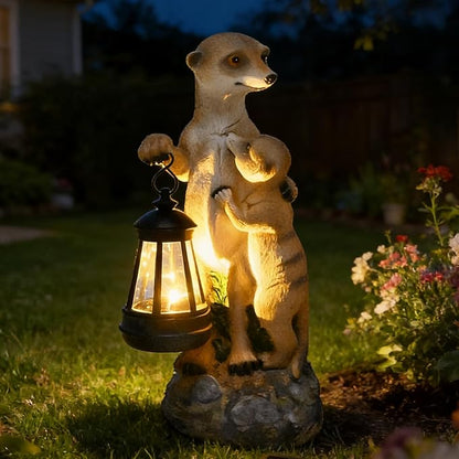 Meerkat Mother & Baby Solar Garden Statue Outdoor Decor Resin Figurine with Lantern Lights Waterproof Lawn Ornament Animal Sculpture for Patio Yard Porch Christmas