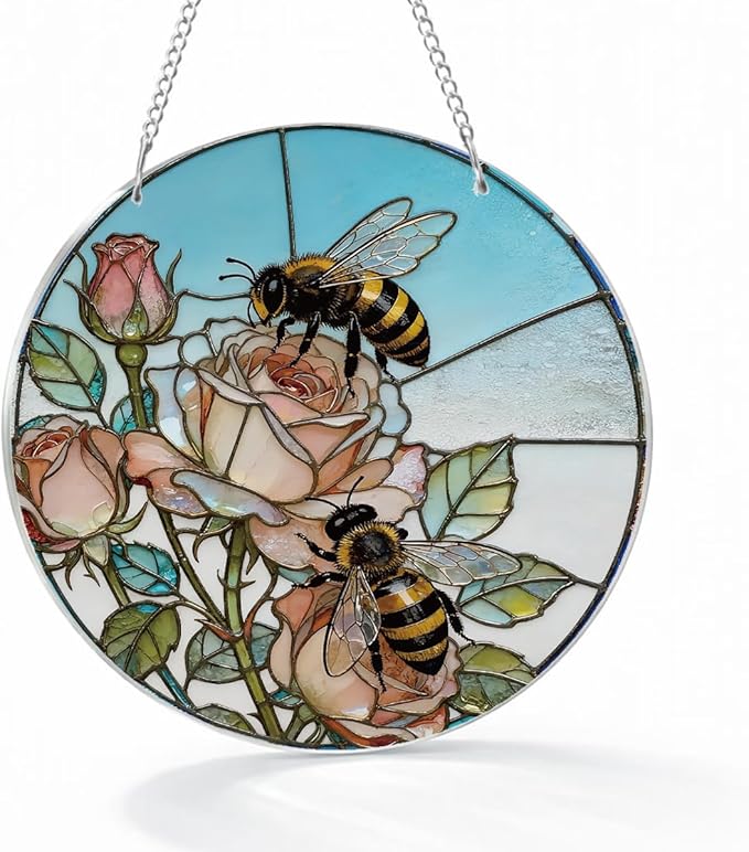 Bees Flowers Acrylic Suncatcher, Acrylic Suncatcher Window Hanging Decor, Bee Sun Catcher, Honeybee Gifts for Garden Lovers, Gifts for Mother's Day, Teacher Gift, Grandma Gift