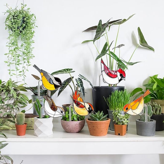 Bird Butterfly Flower Plant Pot Stake Decoration, 4.7 Inch 2D Colorful Acrylic Bird Butterfly Garden Ground Insert Decor, Outdoor Yard Lawn Pathway Patio Art Ornaments, Gifts for Mom (H)