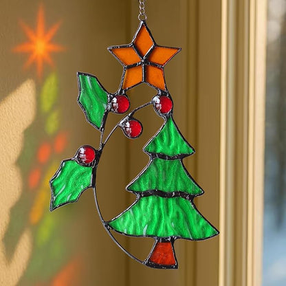 Christmas Stained Glass Window Hanging, Tree Shape Sun Catcher for Window Decoration, Handcrafted Festive Stained Glass Hanging Ornament Gift for Women, Mom, Grandma