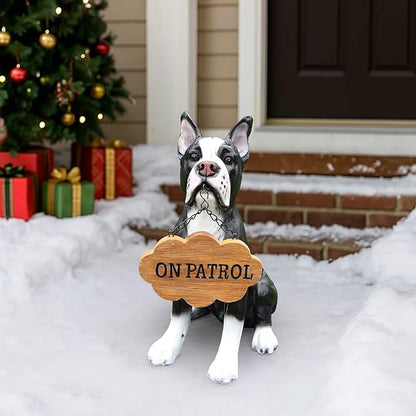 Boston Terrier Dog Garden Statue with Solar Lantern and Double-Sided Welcome Sign, Large Realistic Resin Dog Figurine Outdoor Decor, Waterproof Pet Memorial Sculpture for Yard, Porch, Gift for Family