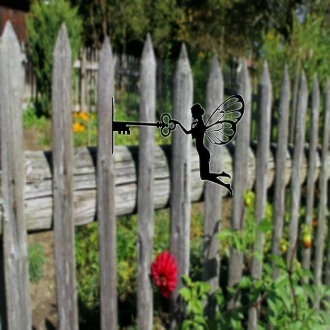 SBOMB Black Iron Art Decorative Metal Crafts, Sitting Fairy Silhouette Garden Statues Outdoor Art Statue for Patio Yard Lawn Tree Wall Deco (Fairy Key)