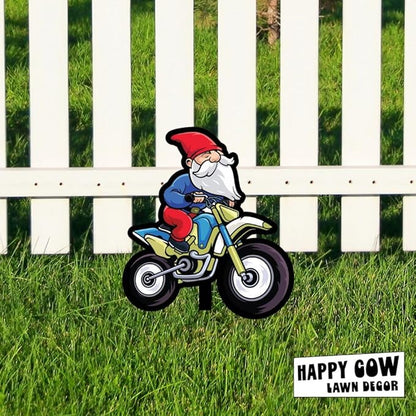 Garden Outdoor Small Metal Art 7"x 6" Weather Resistant Lawn Ornaments Sturdy Stakes Yard Sign Decoration for Patio (Gnome on a Motorcycle)