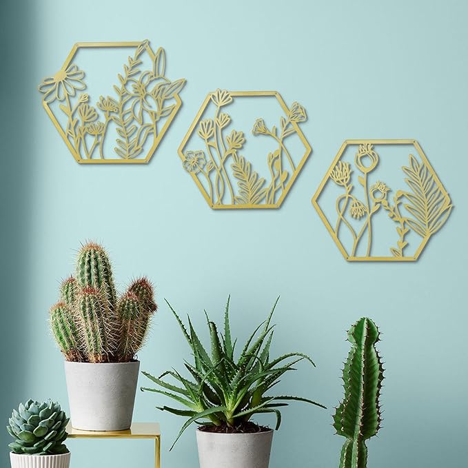 OYEFLY 3 Pcs Metal Flower Wall Decor,Farmhouse Flower Art (Gold)