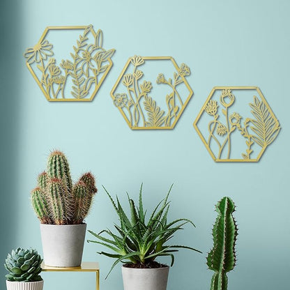 OYEFLY 3 Pcs Metal Flower Wall Decor,Farmhouse Flower Art (Gold)