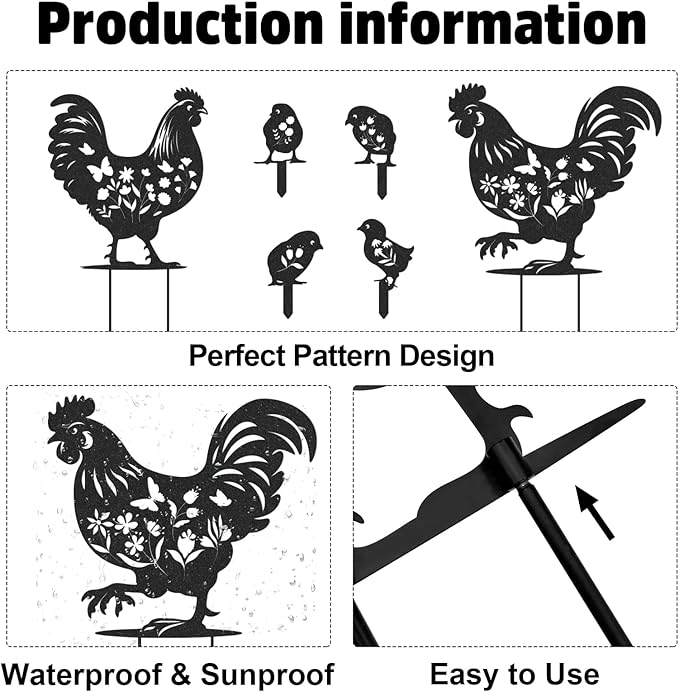 Rngmsi Chicken Metal Garden Art - 6PCS Chicken Metal Yard Art Rooster Garden Decor Outdoor Cute Hen Metal Statue Decorations Outside for Patio Decorative Lawn Stakes Statues Gifts for Friends
