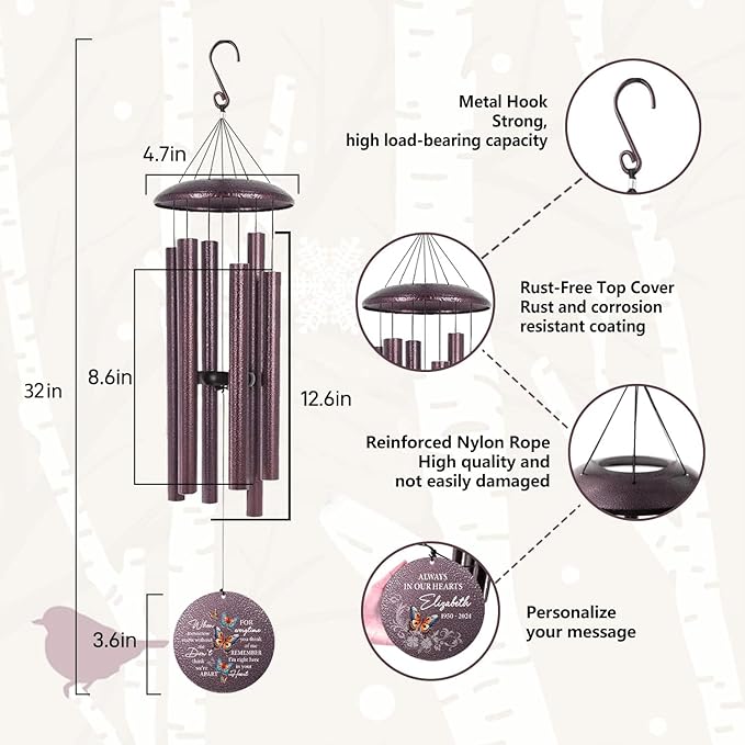 ASTARIN Sympathy 32 in Wind Chimes Customized, Bereavement Gift Idea Butterfly Wind Chime, in Loving Memory of Loved One Gifts, Memorial Gifts for Loss of Husband, Produced in USA