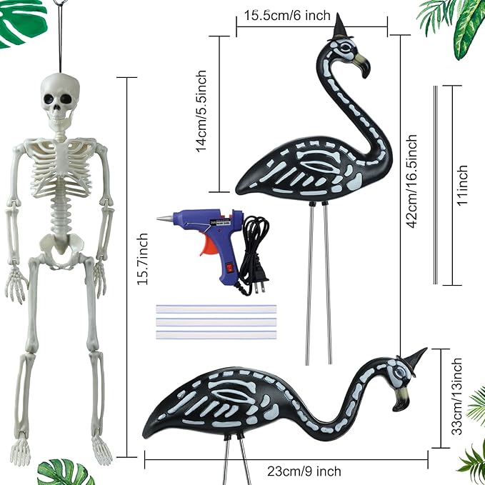 Simgoing 8 Pcs Halloween Skeleton Flamingo Decoration Outdoor Yard Ornament 15.7" Plastic Skeleton Decor with Posable Legs Flamingo Statue Decor for Yard Garden Lawn(Fluorescent,S,Stylish)