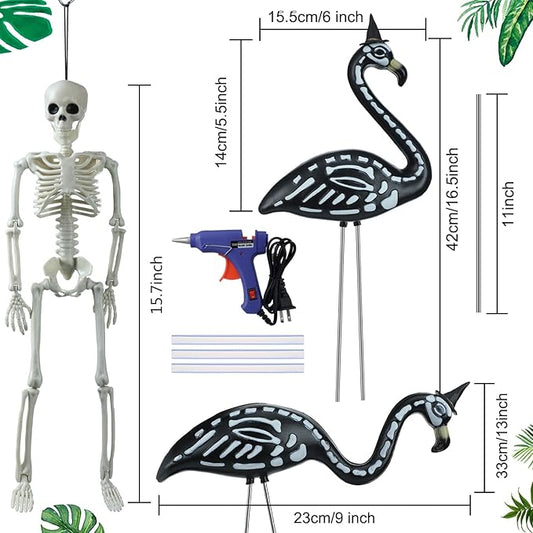 Simgoing 8 Pcs Halloween Skeleton Flamingo Decoration Outdoor Yard Ornament 15.7" Plastic Skeleton Decor with Posable Legs Flamingo Statue Decor for Yard Garden Lawn(Fluorescent,S,Stylish)