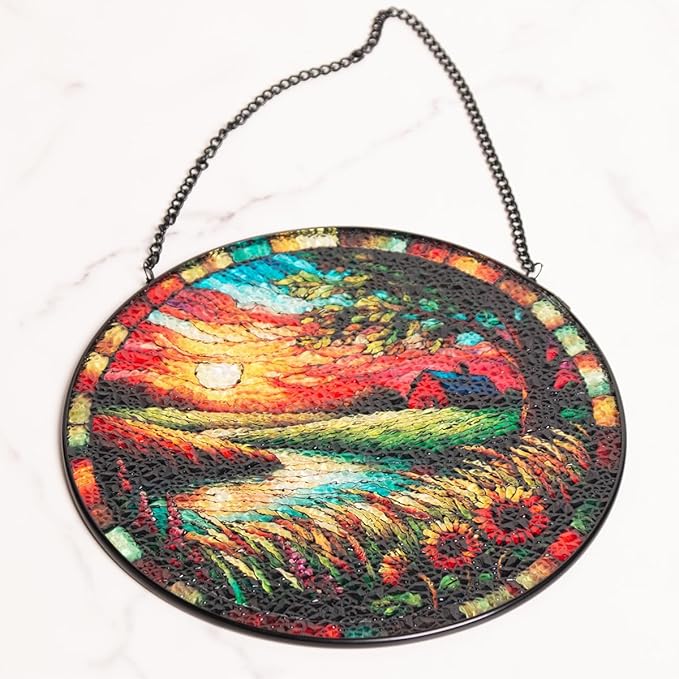 Lake Stained Glass Window Hanging, 7.87 Inch Handmade Plant Sun Catchers with Hook, Wall Art Decor Panel for Indoor Windows, Garden,Gift for Mother’s Day, Housewarming