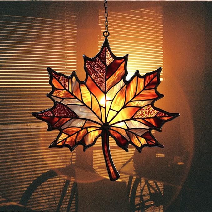 Autumn Maple Leaf Acrylic Suncatcher Stained Glass Effect Window Car Hanging Christmas Ornament Indoor Outdoor Decor Garden Sun Catcher Panel for Maple Leaf Lover for Women Mom Grandma