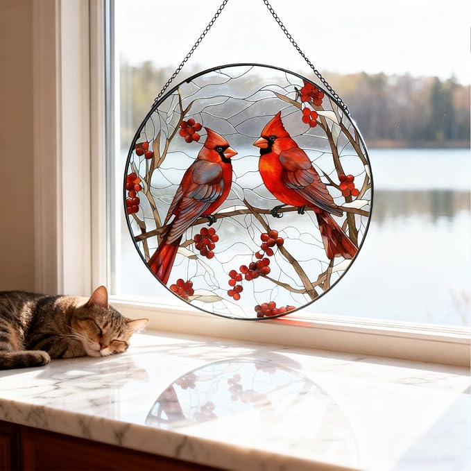 Red Cardinal Stained Glass Suncatcher - Handmade Christmas Window Hanging for Home Garden Deco