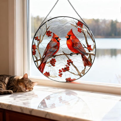 Red Cardinal Stained Glass Suncatcher - Handmade Christmas Window Hanging for Home Garden Deco