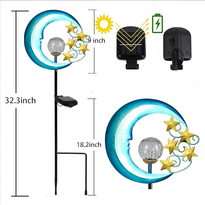 EPROSMIN Stars Moon Solar Lights Outdoor - Solar Powered Garden Lights Decorative Crackle Glass Globe Led Waterproof Landscape Lighting for Pathway,Yard,Lawn,Patio