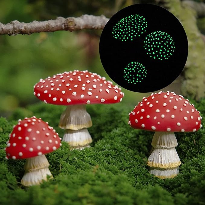 OwMell Glow in The Dark Mushroom, Set of 3 Mushroom Decor Decorations for Garden Yard, Mushroom Tree Decorations Outdoor, Mushroom Statue Figurines, Fairy Garden Decor Accessories - Garden Stakes