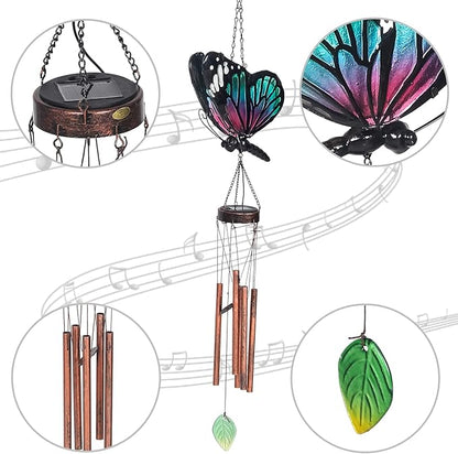 Asense Hanging Wind Chimes for Outside, Solar Powered LED Lights Butterfly Wind Chime, Outdoor Garden Lawn Yard Patio Decoration, Unique Decor Gifts