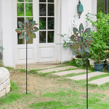VEWOGARDEN 2 Pack Wind Spinners Outdoor, Metal Wind Spinner with Flower Design for Yard Garden Lawn Decorations, Copper Green