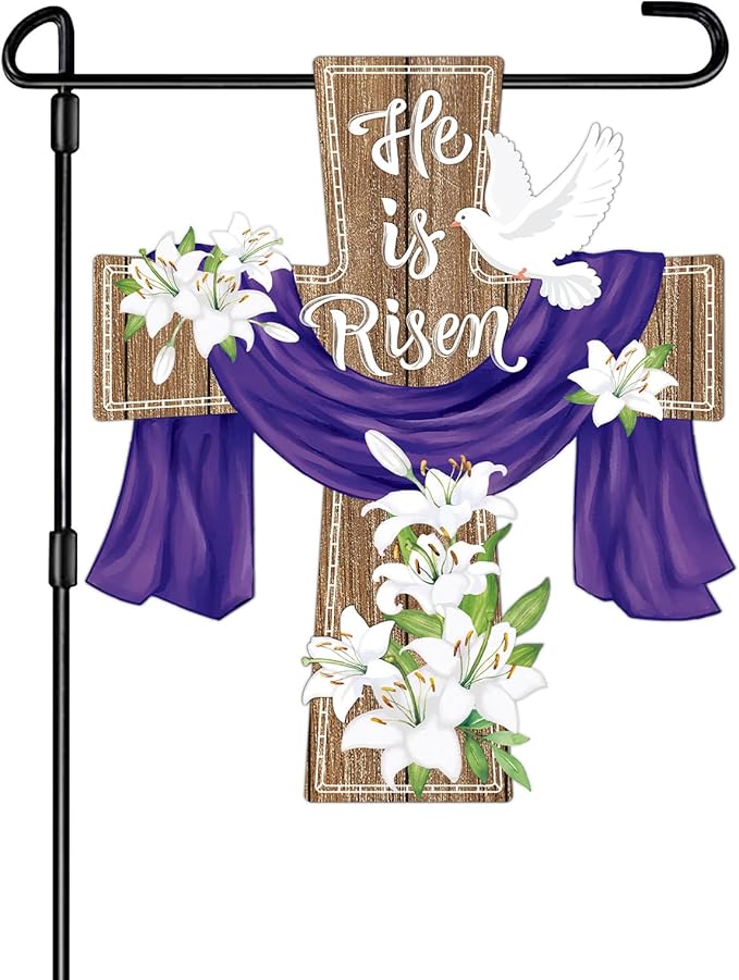 He is Risen Easter Decorations Cross Garden Banner Double-Sided Printed Flag Sheep Yard Flags Bunting Outdoor House Yard Rise Christian Jesus Lily Flowers Spring Seasonal Decoration Cross
