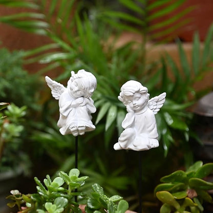 OwMell Set of 2 Decorative Angel Garden Stakes, Small Angel Fairy Garden Angel Ornaments, Cherub Angel Memorial Statue Flower Pot Decorations - Angels