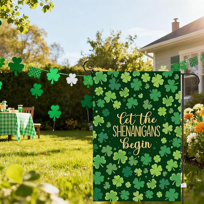 St Patricks Day Garden Flag 12x18 Double Sided for Outside Shamrock Clover Let the Shenanigans Begin Yard Signs Saint Patrick Spring Outdoor Decorative