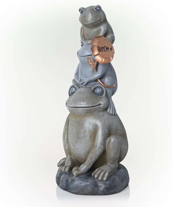 Alpine Corporation 18" Tall Outdoor Stacked Frogs Statue Holding Blessed Flower, Weatherproof Garden Decor, Gray