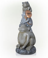 Alpine Corporation 18" Tall Outdoor Stacked Frogs Statue Holding Blessed Flower, Weatherproof Garden Decor, Gray
