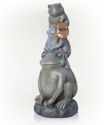Alpine Corporation 18" Tall Outdoor Stacked Frogs Statue Holding Blessed Flower, Weatherproof Garden Decor, Gray